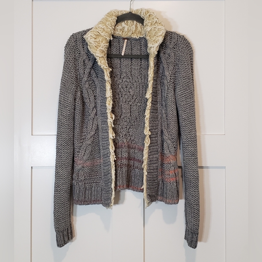 Free People Faux Fur Wool Cable Knit Cardigan Sweater North Star Gray Me…